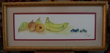 VTG FRAMED SIGNED WATERCOLOR STILL LIFE WITH FRUITS & BERRIES ARTIST: MUNMEET K
