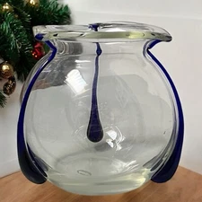 Vintage Poschinger Clear & Cobalt Tri-Tadpoles Hand Blown Glass Vase Art Nouveau