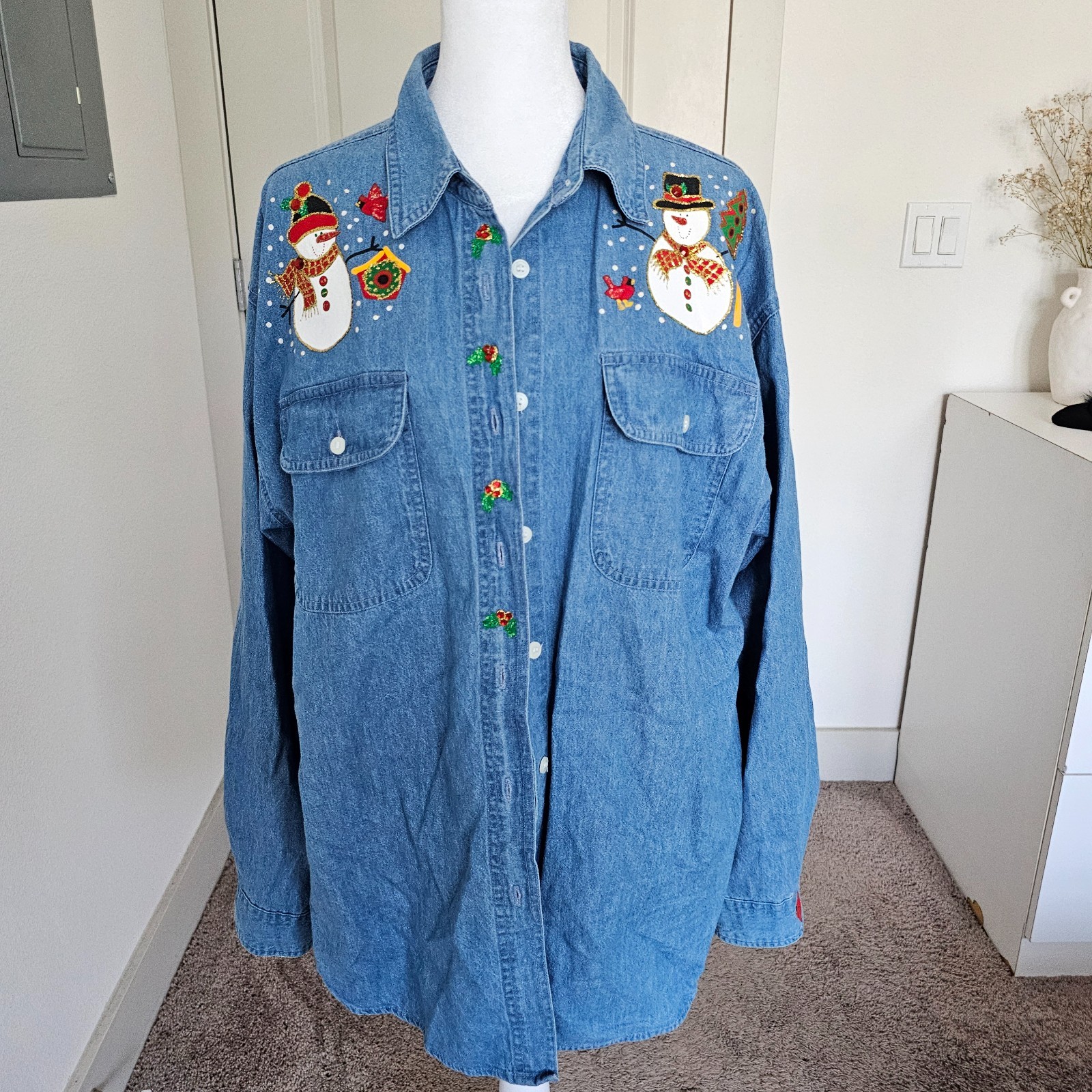 AMERICAN RAVE Vintage Denim Shirt Womens Large Xmas Snowman Glitter Rhinestones