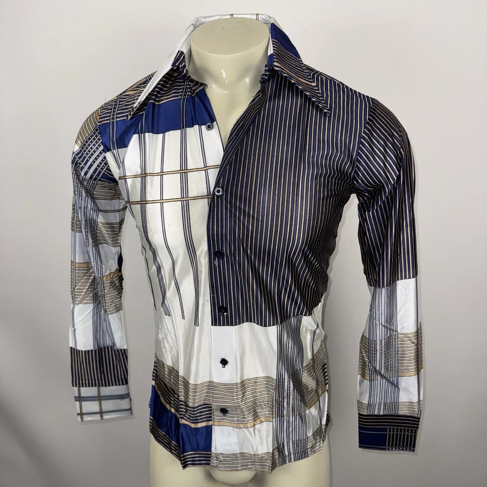 Vintage Fame Shirt Disco Shiny Geometric Acetate Nylon 60s 70s NOS Mens Medium - Image 4 of 4