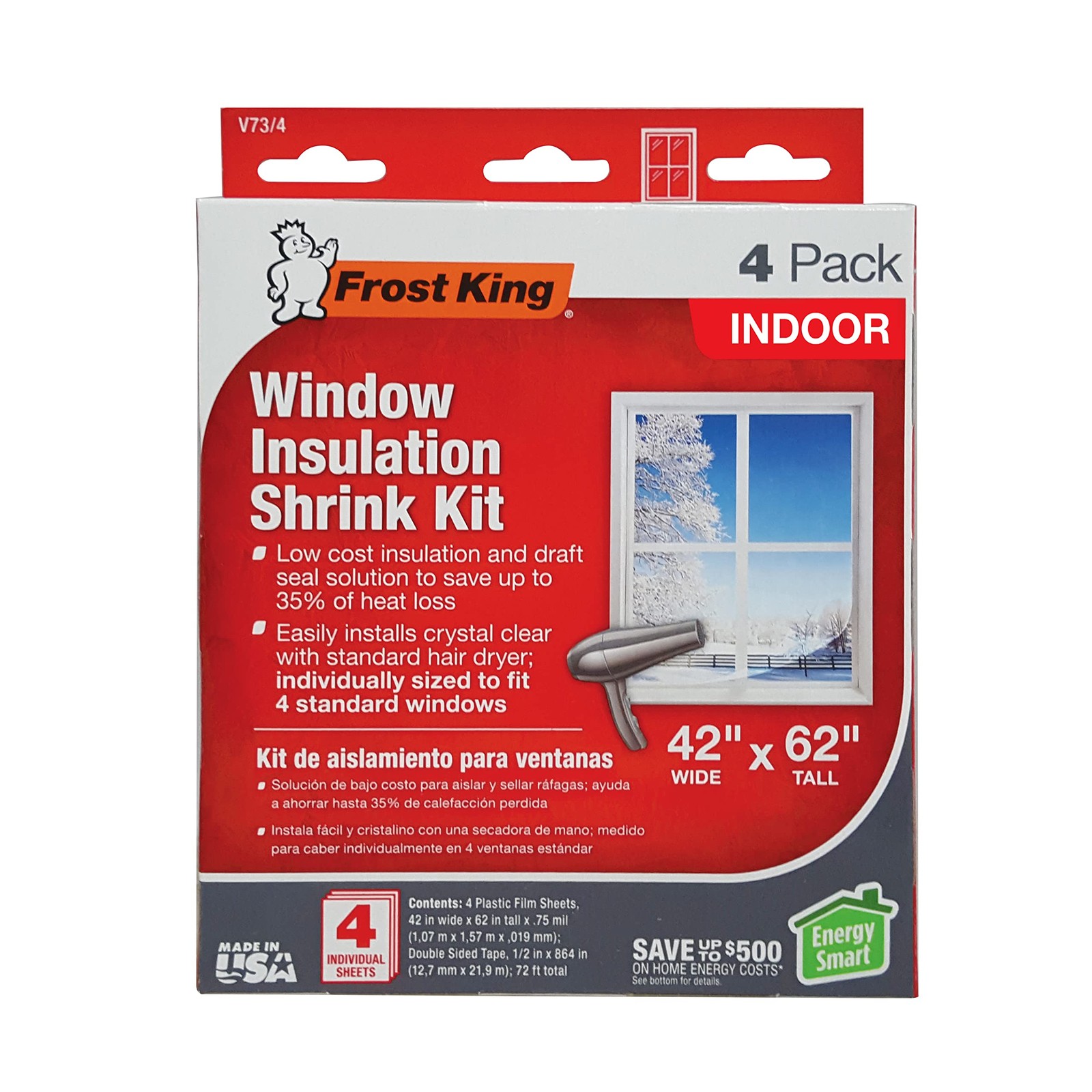 Frost King V73/4T Shrink Film Window KIT, 42"W x 62"T, Clear,Transparent