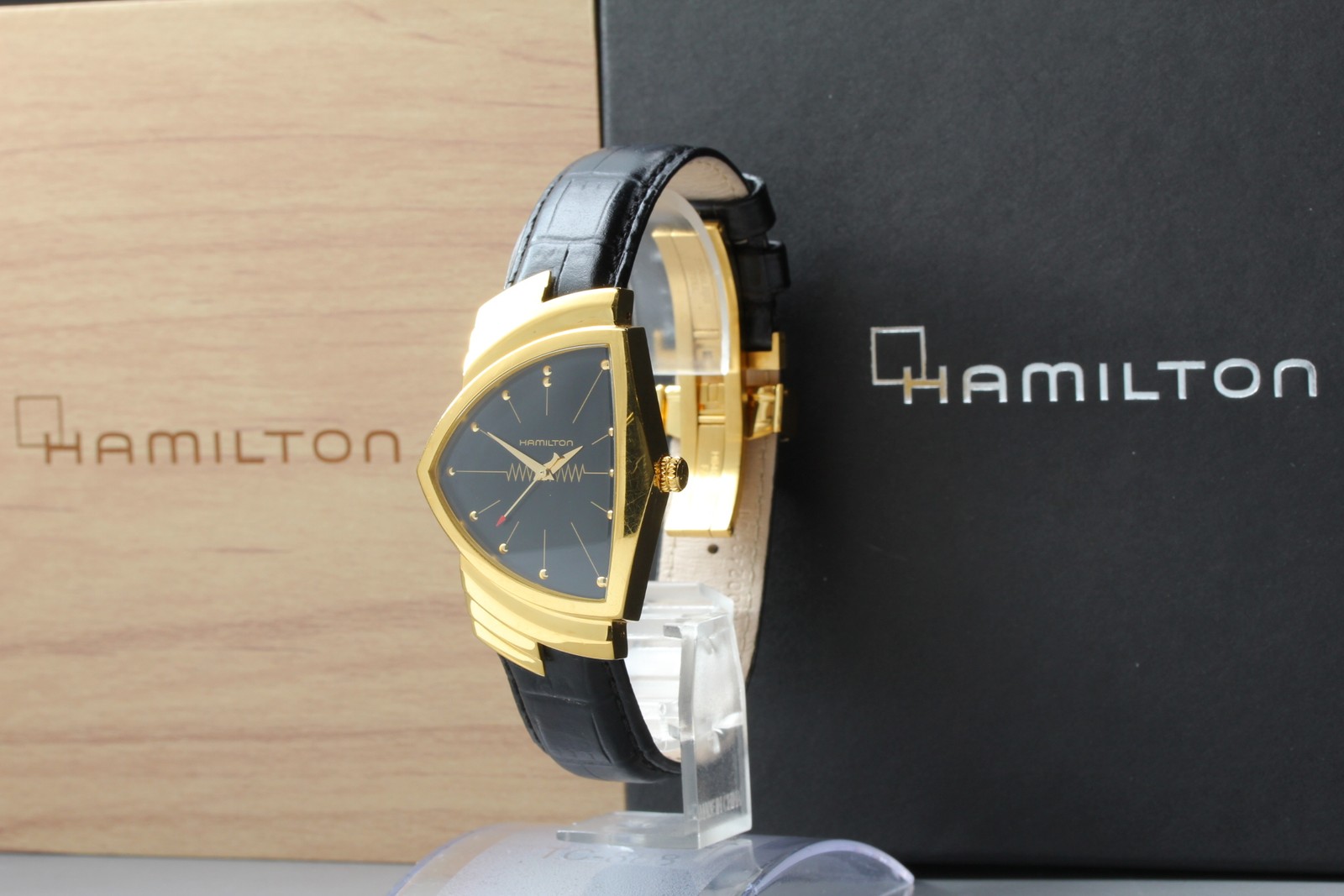 *N MINT in Box* Hamilton Ventura H243010 Black Dial Gold Quartz Mens Watch JAPAN image 2