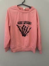 Girls 5-6Y Pink Crewneck Pullover Sweatshirt 'Stay Spooky' Skeleton Halloween