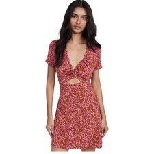 Free People Mini Dress Large Cocoa Ruched Cut Out Deep V Tie Waist Pull On