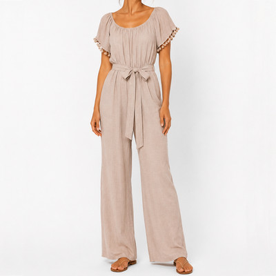 Dress Day Jumpsuit Sz M Beige Wide Leg Belted Pockets Pom Pom Sleeve Fully Lined