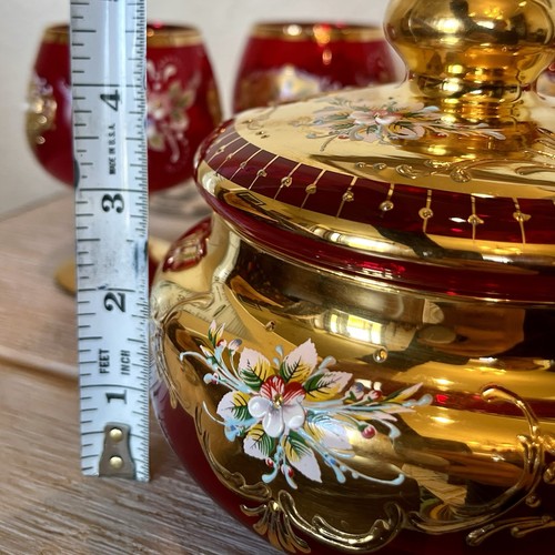 5 Venetian Murano Tre Fuochi Ruby Red 24k Gold Gilted Glass Snifters Lidded Dish - Picture 21 of 22