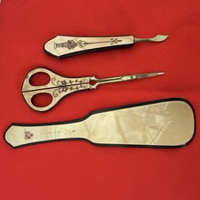 Art Deco Celluloid Vanity Set Cream With Floral Shoe Horn-Scissors-Manicure