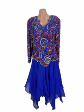 Vintage Blue Sequins Oleg Cassini 90s Neiman Marcus 16 Silk Hanker chief Hem