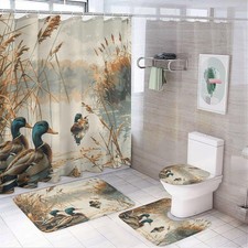 4Pcs Wild Lake Duck Shower Curtain Set with Toilet Lid Cover U-Shaped Mat and