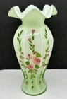 Fenton Cased Green & White Art Glass Hand Painted Pink Roses Vines Vase 9.25"