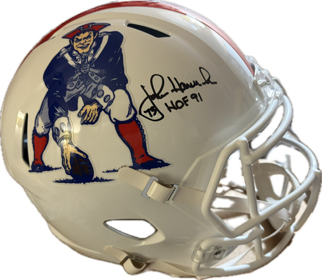 John Hannah Signed Patriots Riddell Full Size Speed Rep Helmet w/HOF'91 