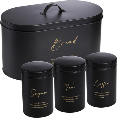 4Pc Metal Bread Box Set With Tea Coffee Sugar Canisters Black Kitchen Storage
