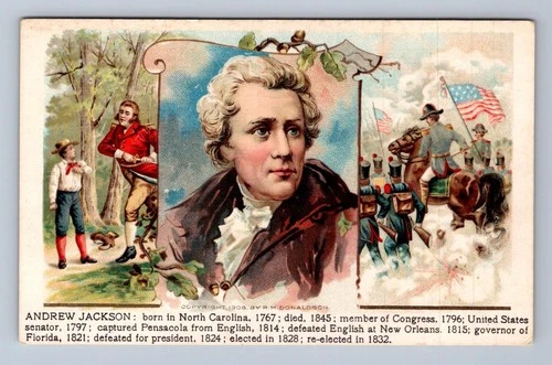 PRESIDENT ANDREW JACKSON FLORIDA WAR MILITARY DONALDSON PATRIOTIC POSTCARD 1908)