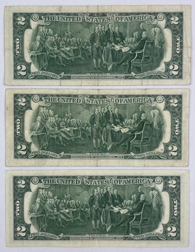 Two Dollar Bills, Series 1976, Circulated U.S. Currency, $2 Bills, Lot of 3 - Picture 2 of 2