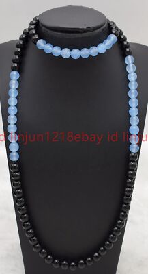 Natürliche 6/8/10 mm Schwarz Achat Blaue Jade Runde Edelstein Perlen Halskette 24-36 Zoll