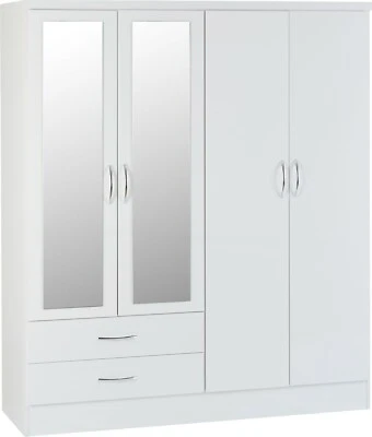 SECONIQUE NEVADA WHITE GLOSS 4 DOOR 2 DRAWER MIRRORED WARDROBE