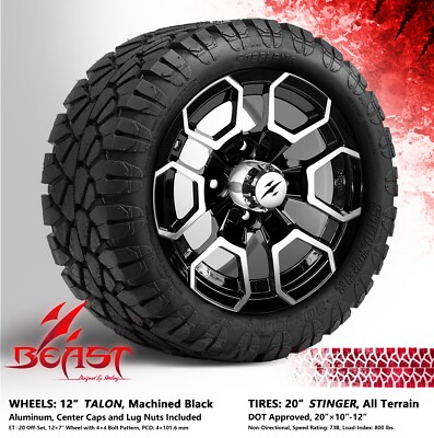 4x GOLF CART 12'' MACHINED 'TALON' WHEELS and 20'' STINGER A/T DOT TIRES
