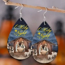 “OH HOLY NIGHT NATIVITY” Faux Leather Tear Drop Shaped Dangle Earrings Gold Bag