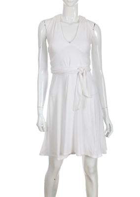 VS Moda ~ White Jersey Plunge V Halter Sash Waist A-Line Party Dress XS NEW