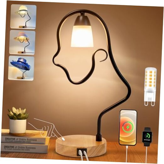 Modern Touch Control Table Lamp with USB-C/A, Creative Hat Design for Bedside Lighting