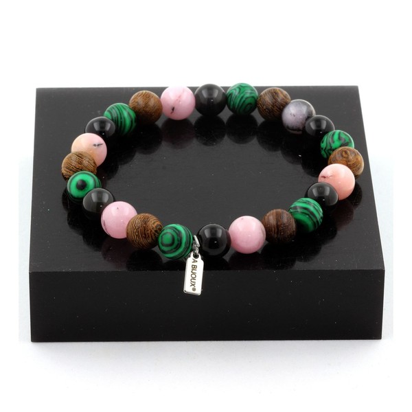 Armband Perlen Opal Rosa + Obsidian Schwarz + Malachit + Holz 8 Mm. Hergestellt-image