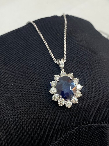 9.01 Carats Round Brilliant Cut Natural Diamonds Blue Sapphire Necklace 18K Gold - Picture 9 of 17