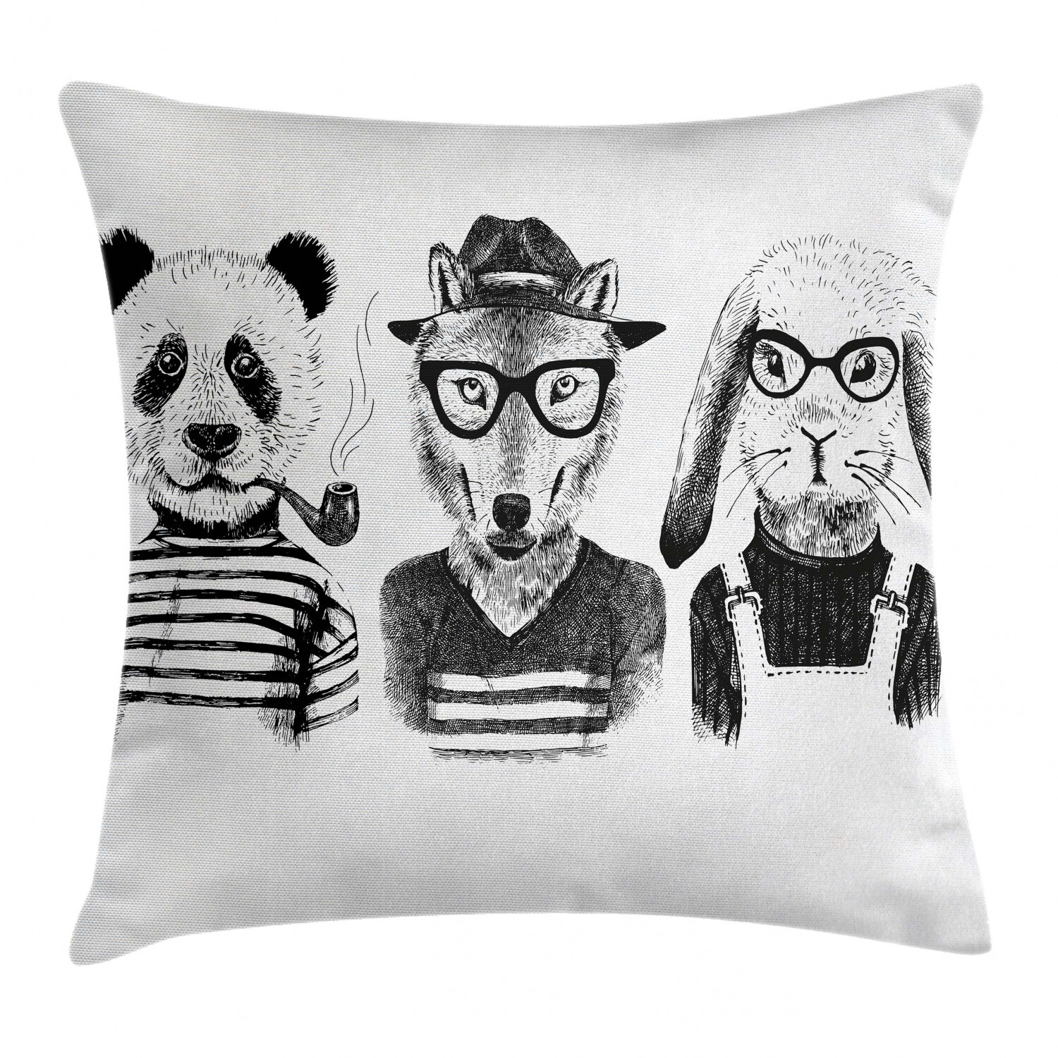 Hipster Panda Cigar Fox Animal Square Pillow Cover 18 Inches