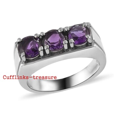 Natural  Amethyst Gemstones with  925 Sterling Silver Band Ring For Men's  #R94