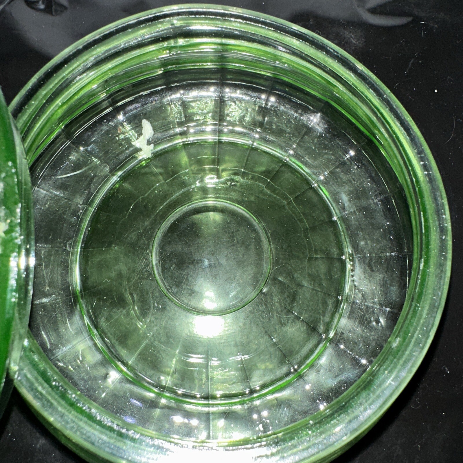 Vintage Block Optic Green Uranium Glass Candy Dish with Lid Has Blemish