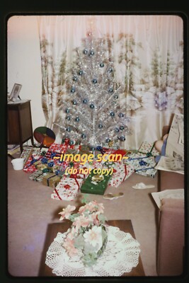 Aluminum Christmas Tree with Gifts in the 1960s, Kodachrome Slide an4b