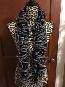 NEW Handmade Crocheted Ruffle Scarf Navy Blue Scarf Gray Trim Cowboys Seahawks