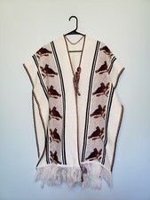 VINTAGE Unbranded One Size Poncho Tie Front Southwestern Bird Print White Fringe