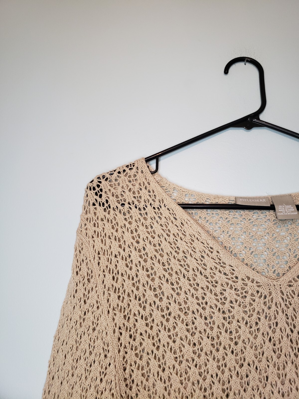 Field Gear Women L Sweater Crochet Style Pullover Sheer Beaded Sleeve Tan V Neck eBay