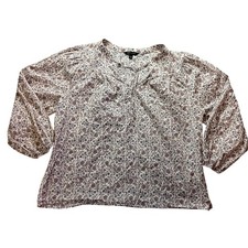 Banana Republic Floral Cotton Peasant Blouse Large Cream Pink Tan Split Neck