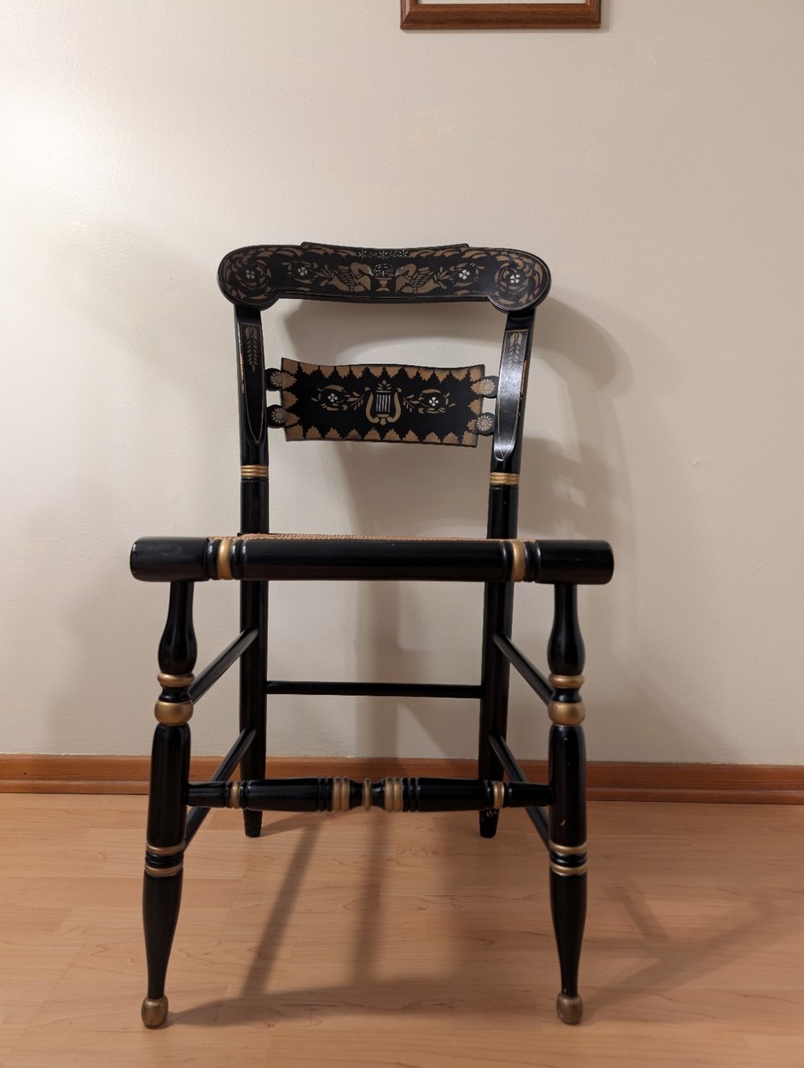 Vintage Ethan Allen Hitchcock Chair - Black & Gold Stencil - Rush