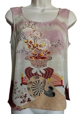 VTG Citron Santa Monica Tank Top Sz S 100% Silk Pagoda Peony Nautilus Shell