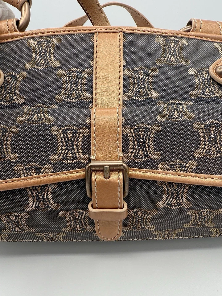 CELINE Macadam Triomphe Shoulder Bag Hand Bag Denim Chain Leather Metallic Rare - Image 3 of 4