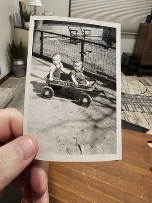 Vintage Photo Snapshot Boy & Girl Riding In Speed King Wagon (D6)