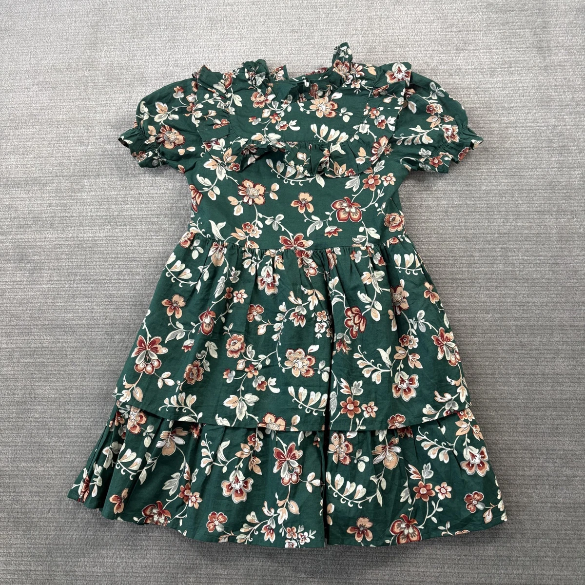 janie and jack green dress Janie and Jack Floral Dress Green Floral Puff Sleeve Pleated Lined Size 3