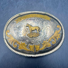 Western Horse Oval Silver/Gold Tone Floral Rope Edge Belt Buckle