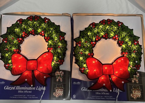 18" Lighted Wreath Glazed Double Sided Window Sculpture Christmas Decorations X2