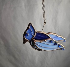 Stained Glass Blue Bird Window Sun Catcher With Chain Wings Move