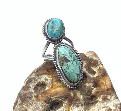 Native American D.C. Sterling Silver Turquoise 2 Stone Long Small Ring - Sz. 3.5