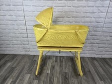 Vintage Yellow Wicker Baby Bassinet with Folding Stand Hood Nursery Decor/Prop