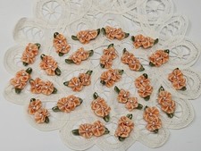 24 Peach VTG Satin Ribbon Double Flowers Pearl Bead Center Craft Trims Appliques