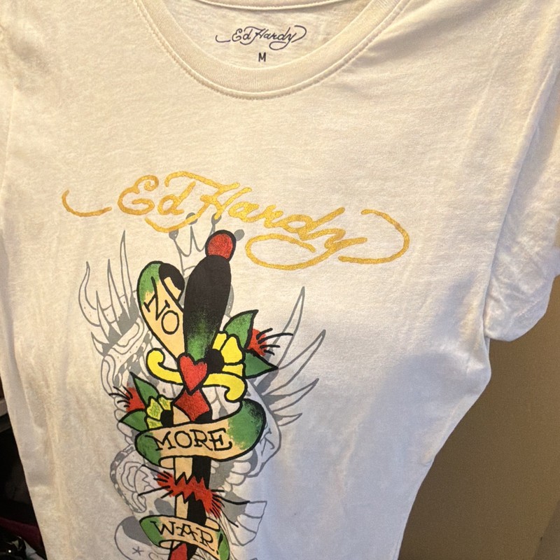 Ed Hardy Women White Tattoo Graphic Logo Crew Neck Short Sleeve T-Shirt, M