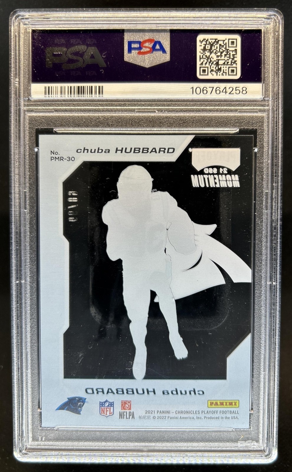2021 Chronicles Chuba Hubbard Playoff Momentum Rookies Blue RC #/99 PSA 10 view 2