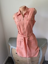 Sharagano Coral Linen Look Utility Shirt Dress Belted Zip Sleeveless Sz 10 M