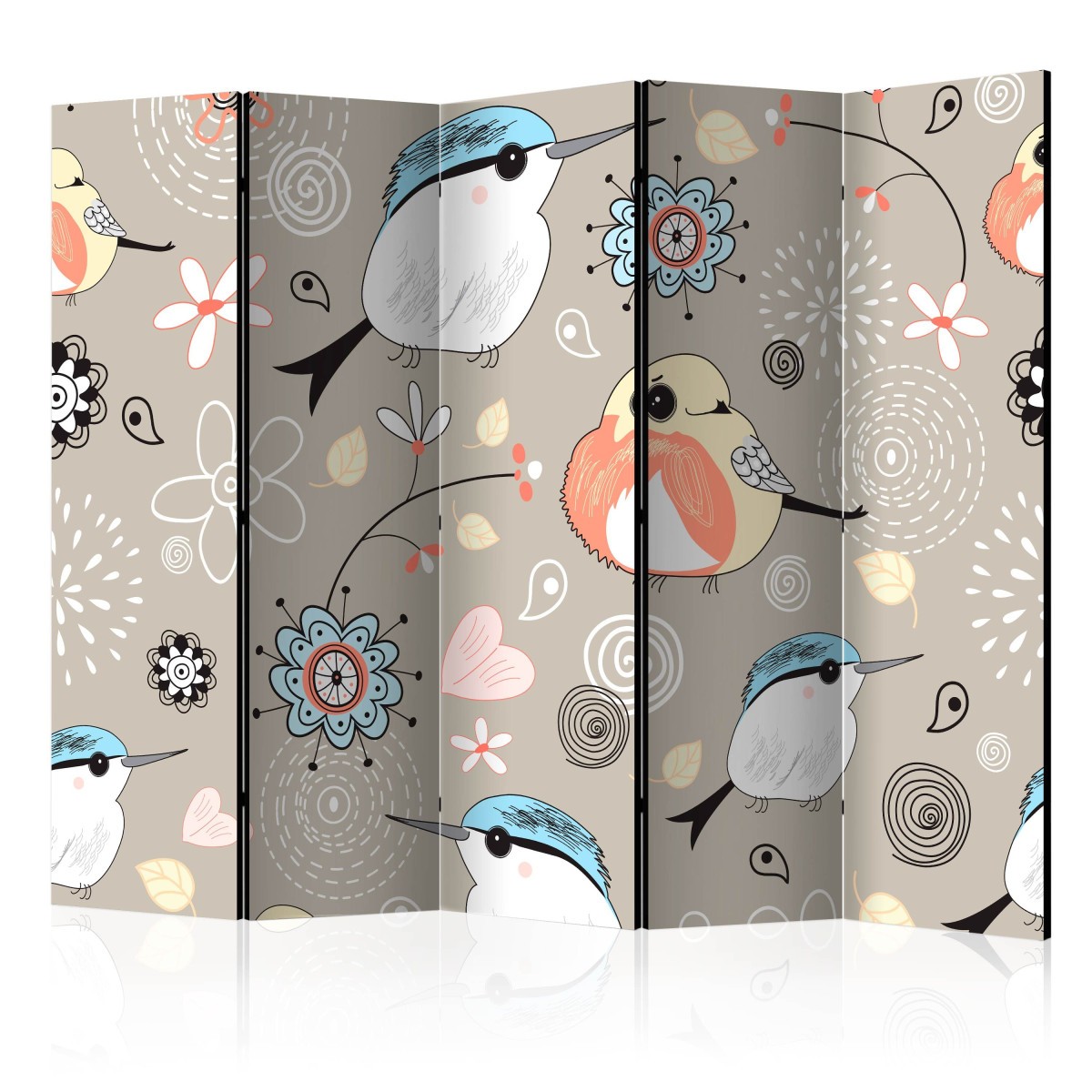 Paravent 5 volets en bois imprimé oiseaux 172x225 cm beige