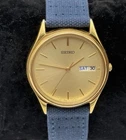 Vintage Seiko 7N43-8A90 Gold Tone Day Date Quartz Watch - New Blue Canvas Strap